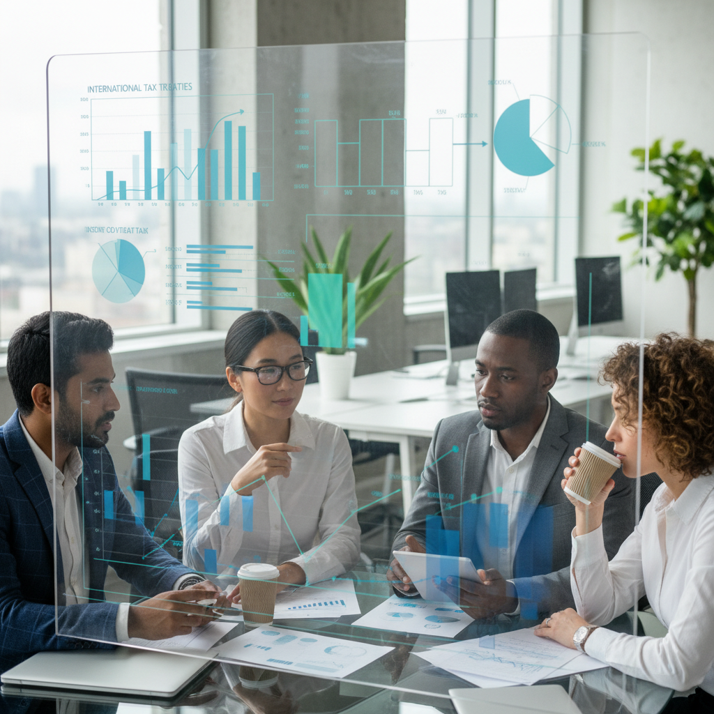 A detailed, photorealistic close-up of a diverse group of expat entrepreneurs in a modern, brightly lit office, looking at financial projections on a large digital screen. One entrepreneur points to a complex tax chart, while others nod thoughtfully, indicating collaborative financial planning and analysis. The atmosphere is professional and focused, with diverse faces reflecting various nationalities.