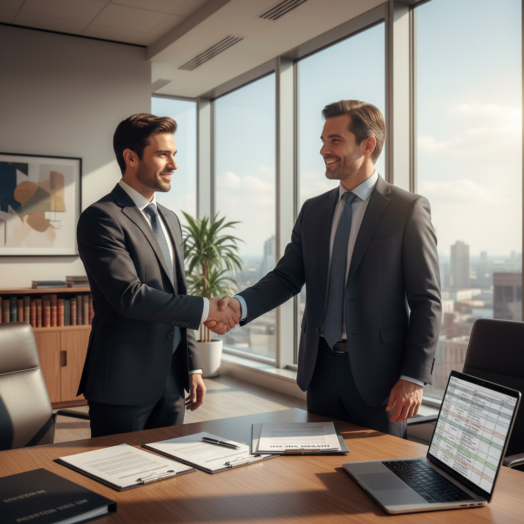 A professional, well-dressed individual shaking hands with a UK immigration lawyer in a modern, sunlit office, with legal documents and a laptop on the table. The scene should convey a sense of successful financial planning and legal consultation for an investor visa.