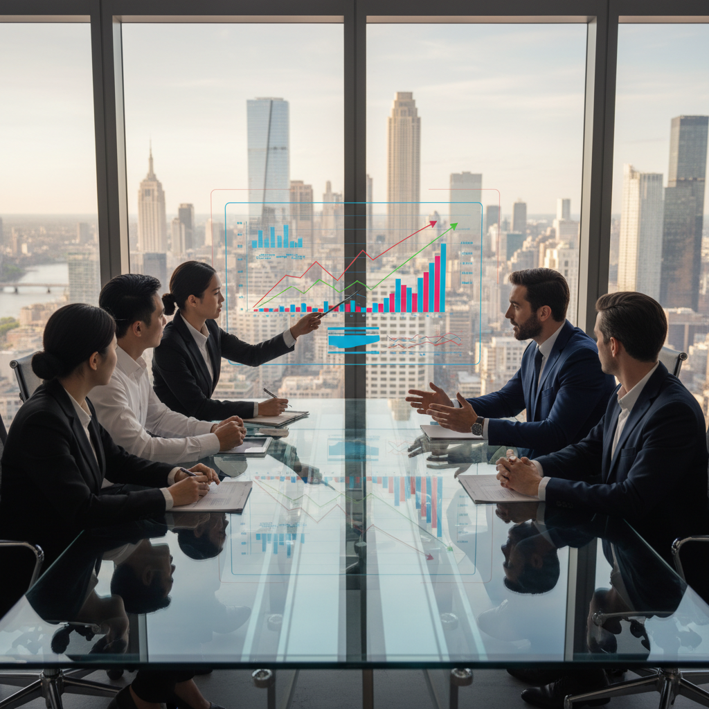 A diverse group of people from different ethnicities sitting around a large, modern conference table, looking at financial charts and graphs projected on a screen. One person is pointing at a chart while a financial advisor in a suit explains complex investment strategies. The setting is a bright, high-tech office with large windows overlooking a city skyline, conveying professionalism and global reach. Focus on people collaborating and discussing financial plans.