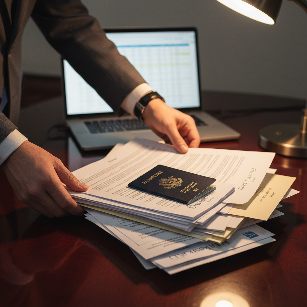 A professional person meticulously organizing a stack of diverse business documents, including a passport, bank statements, and invitation letters, on a polished wooden desk with a laptop open in the background. The lighting is bright and focused on the documents, emphasizing organization and preparation.