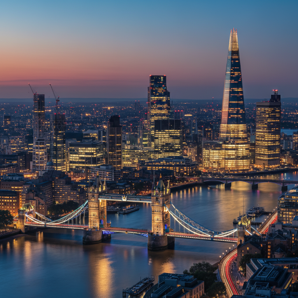 A vibrant, detailed, and photorealistic cityscape of London at dusk, showcasing iconic landmarks like the Shard and Tower Bridge, with business districts illuminated, symbolizing economic activity and global connection.