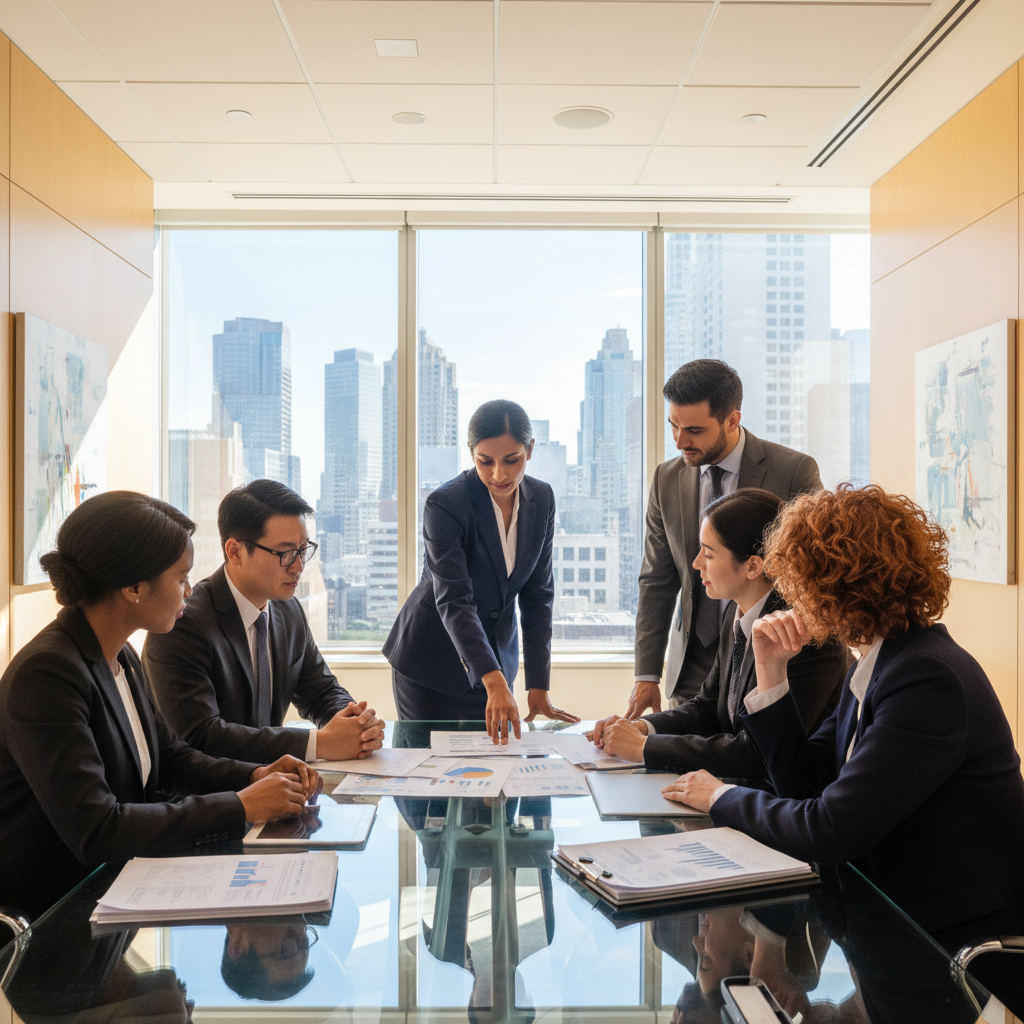 A professional, diverse group of business people in a modern office, discussing financial documents with a bank relationship manager. The scene is bright and collaborative, representing corporate banking services for international clients.