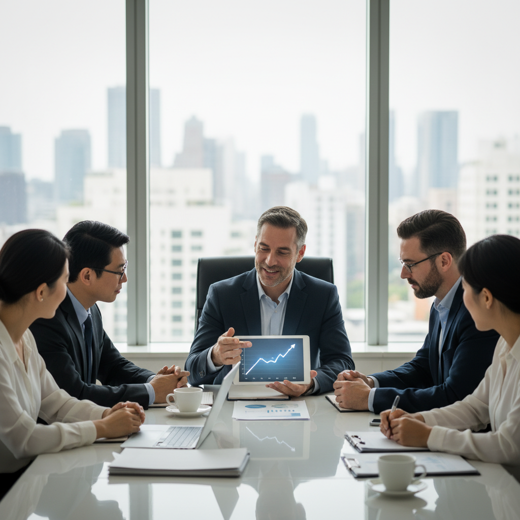 A diverse group of expat professionals from various backgrounds, including East Asian, European, and American, sitting around a modern conference table in a bright, contemporary office, attentively discussing financial documents with a knowledgeable and friendly financial advisor. The advisor is pointing to a chart on a tablet, illustrating investment growth or tax strategies. There are coffee cups and laptops on the table, and large windows show a blurred city skyline in the background, conveying a sense of professionalism and global reach. Photorealistic.