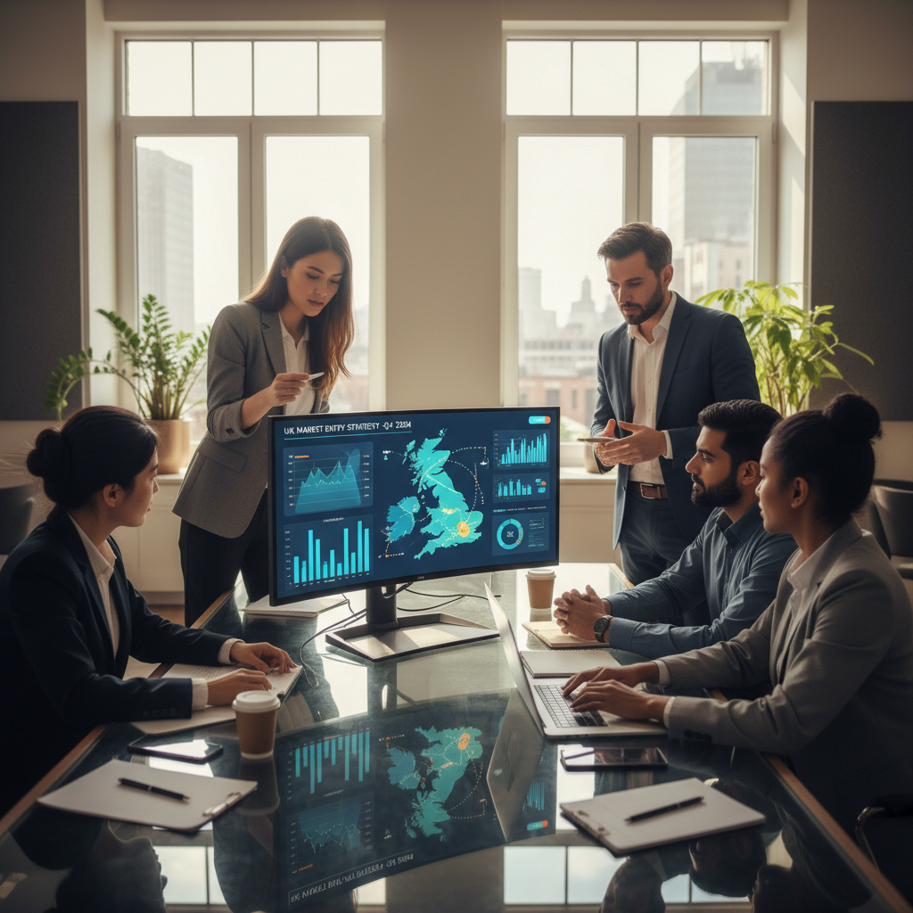 A diverse group of business professionals in a modern, well-lit office collaborating around a large monitor displaying market analysis charts and a UK map with various data points, symbolizing strategic market entry planning.