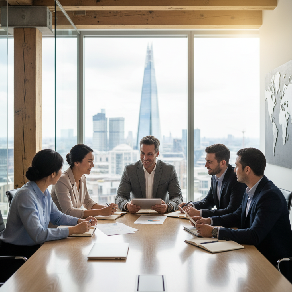 A diverse group of professional business people from various ethnic backgrounds collaborating in a modern, sunlit office in London, with a subtle cityscape visible through large windows. They are engaged in a discussion around a table with laptops and documents, conveying professionalism and global collaboration.