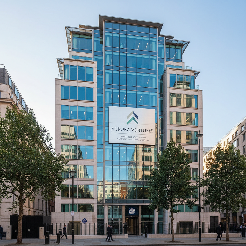 A professional, modern office building facade with a prominent company sign, representing a UK registered office address. The image should convey stability and trustworthiness, with a hint of urban sophistication. Photorealistic style, clear blue sky, soft lighting.