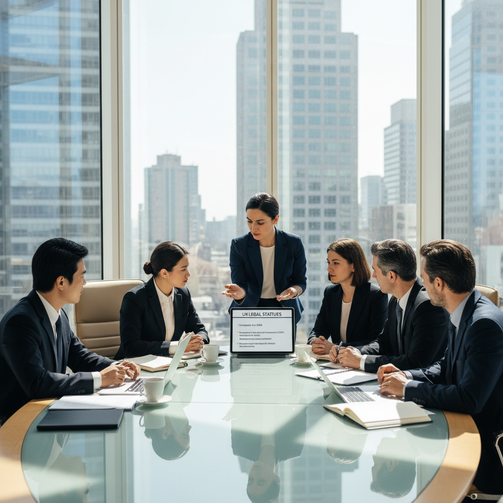 A diverse group of international business professionals in a modern, light-filled office setting, collaborating around a conference table with laptops and documents. A legal advisor gestures towards a digital tablet displaying UK legal statutes, explaining complex regulations to non-resident entrepreneurs. The atmosphere is professional and focused, emphasizing global business and legal consultation.